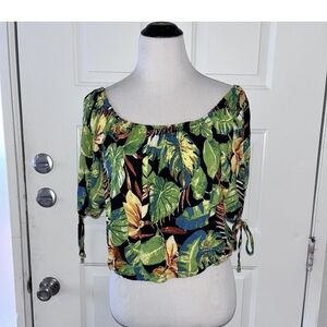 RACHEL Rachel Roy Tropical Leaf Off-Shoulder Crop Top in Black and Green